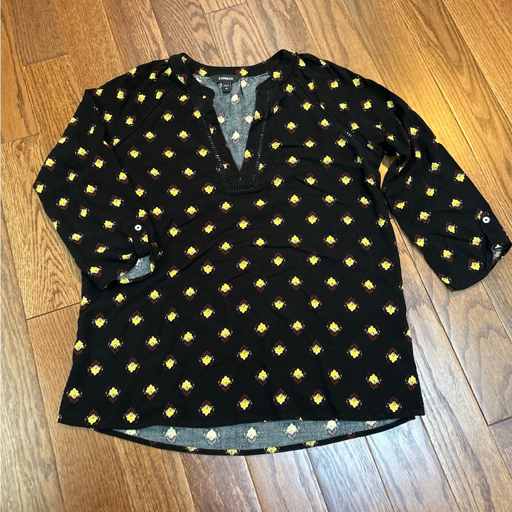 Express Black Blouse with Yellow Pattern 3/4 Sleeve V-Neck